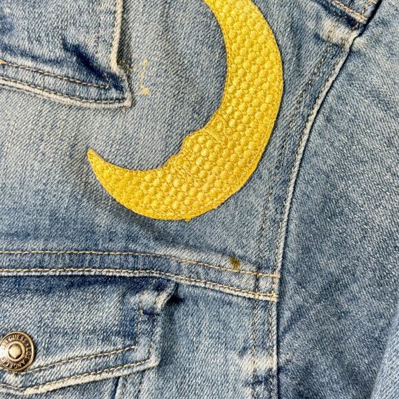 GUESS Cropped Frayed Denim Jacket S USA Cactus Patches Boho Festival 90sRevival - Picture 4 of 13